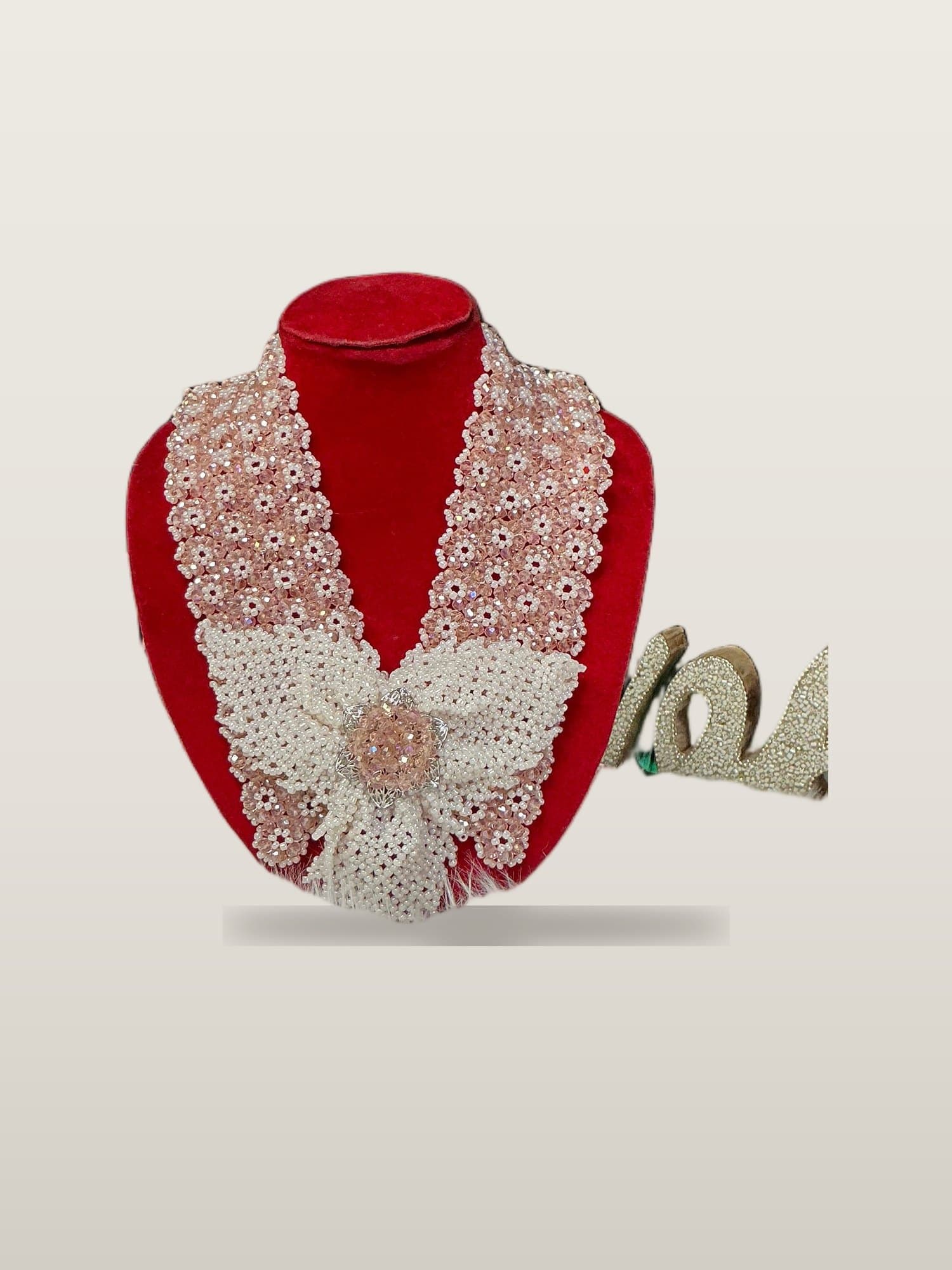 Handcrafted African Blush Bow Lace Bead Set with necklace and bangles