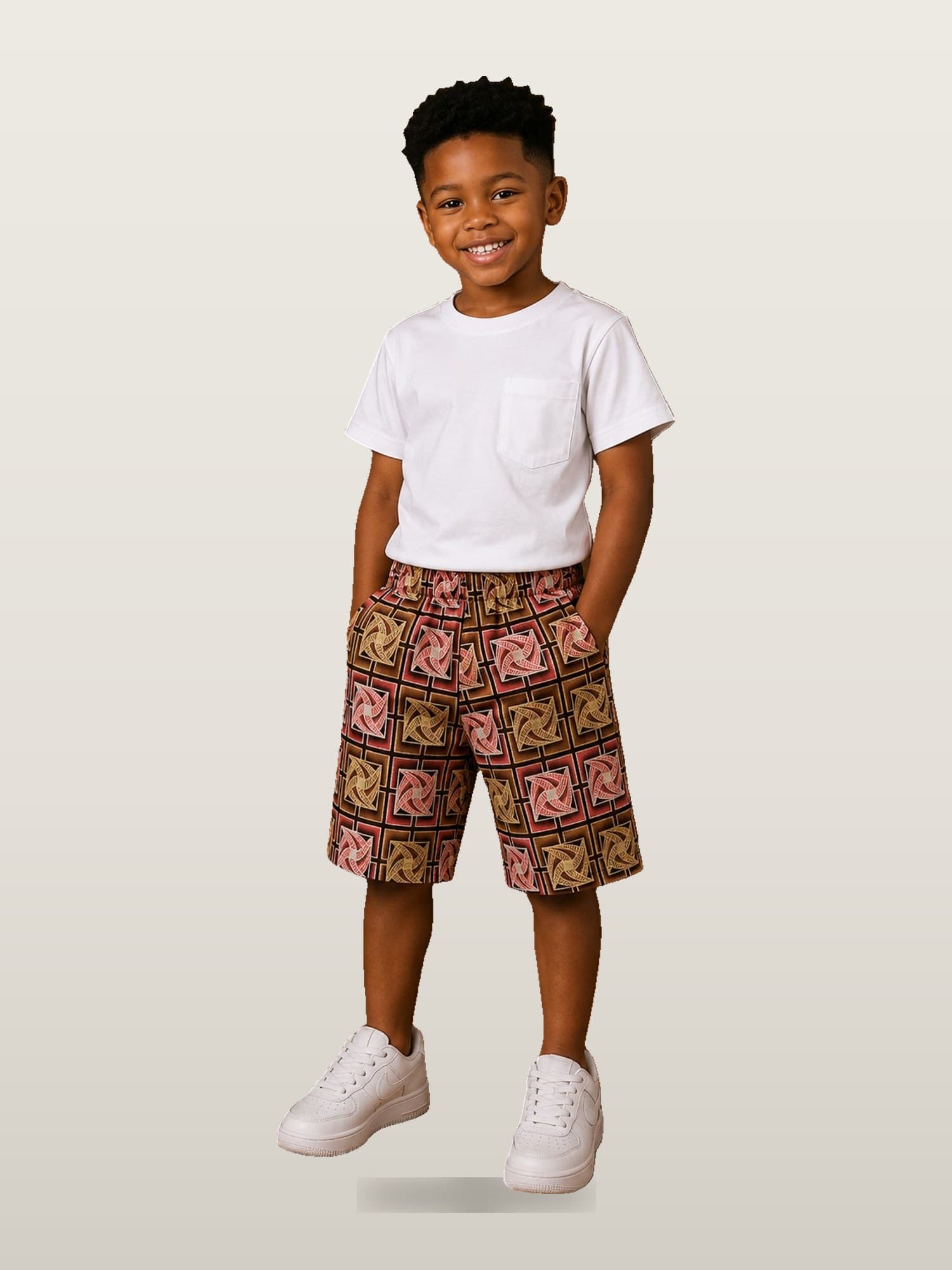 Boys’ White Tee & Brown Ankara Shorts