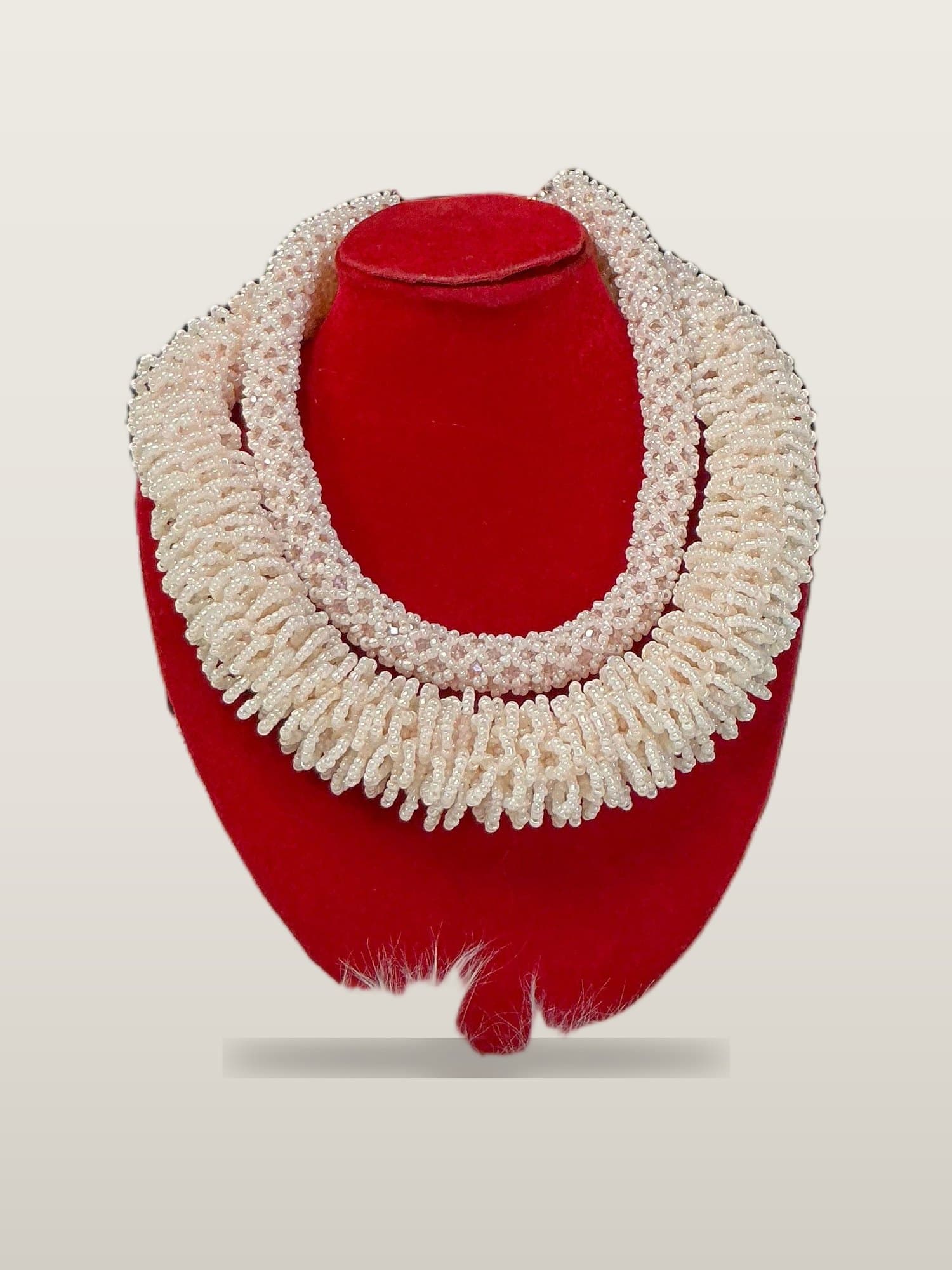 Handcrafted African Champagne Nude Fringe African Bead Collar Set with necklace and bangles