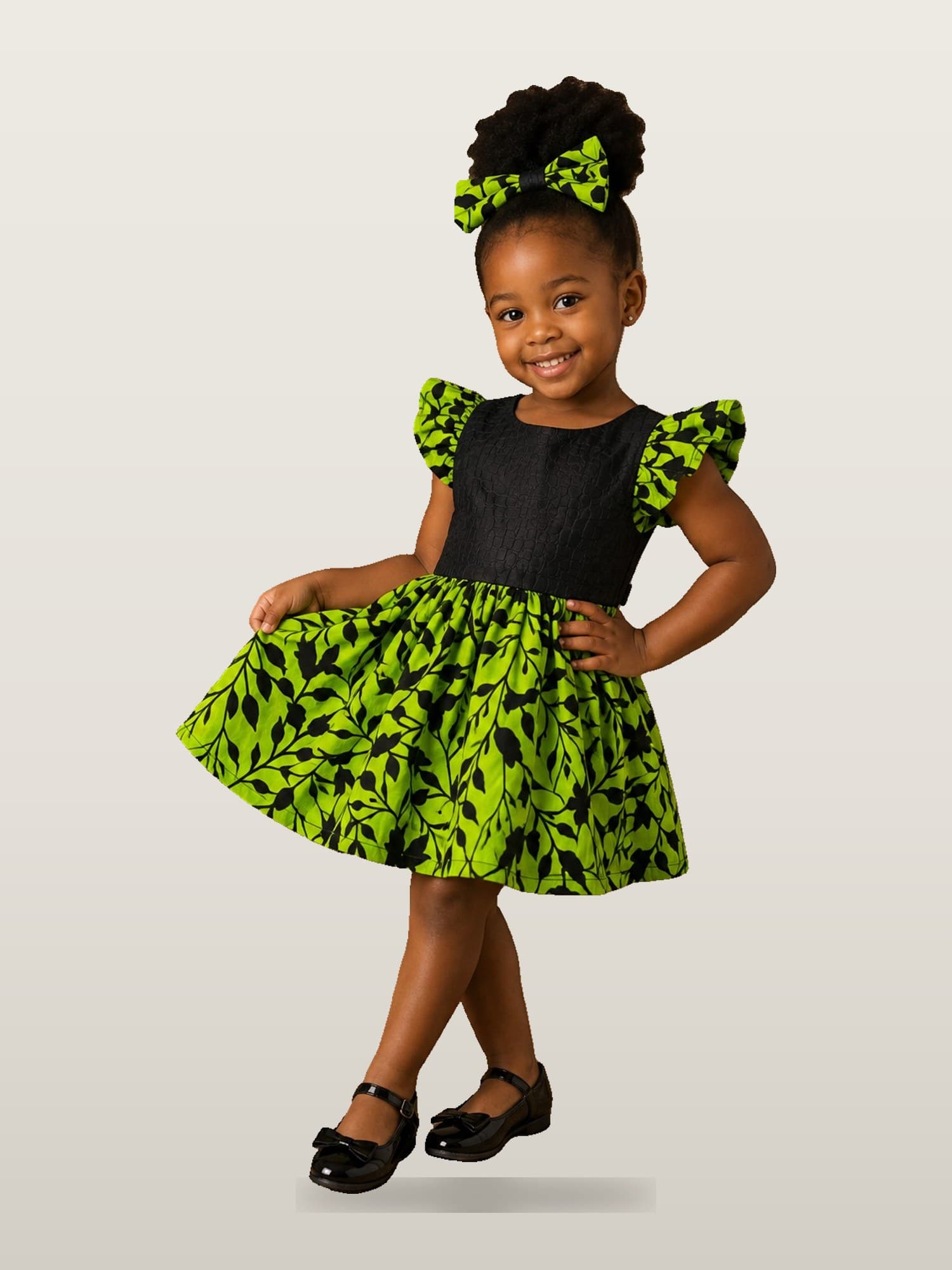 Girls’ Green Ankara Flutter Dress