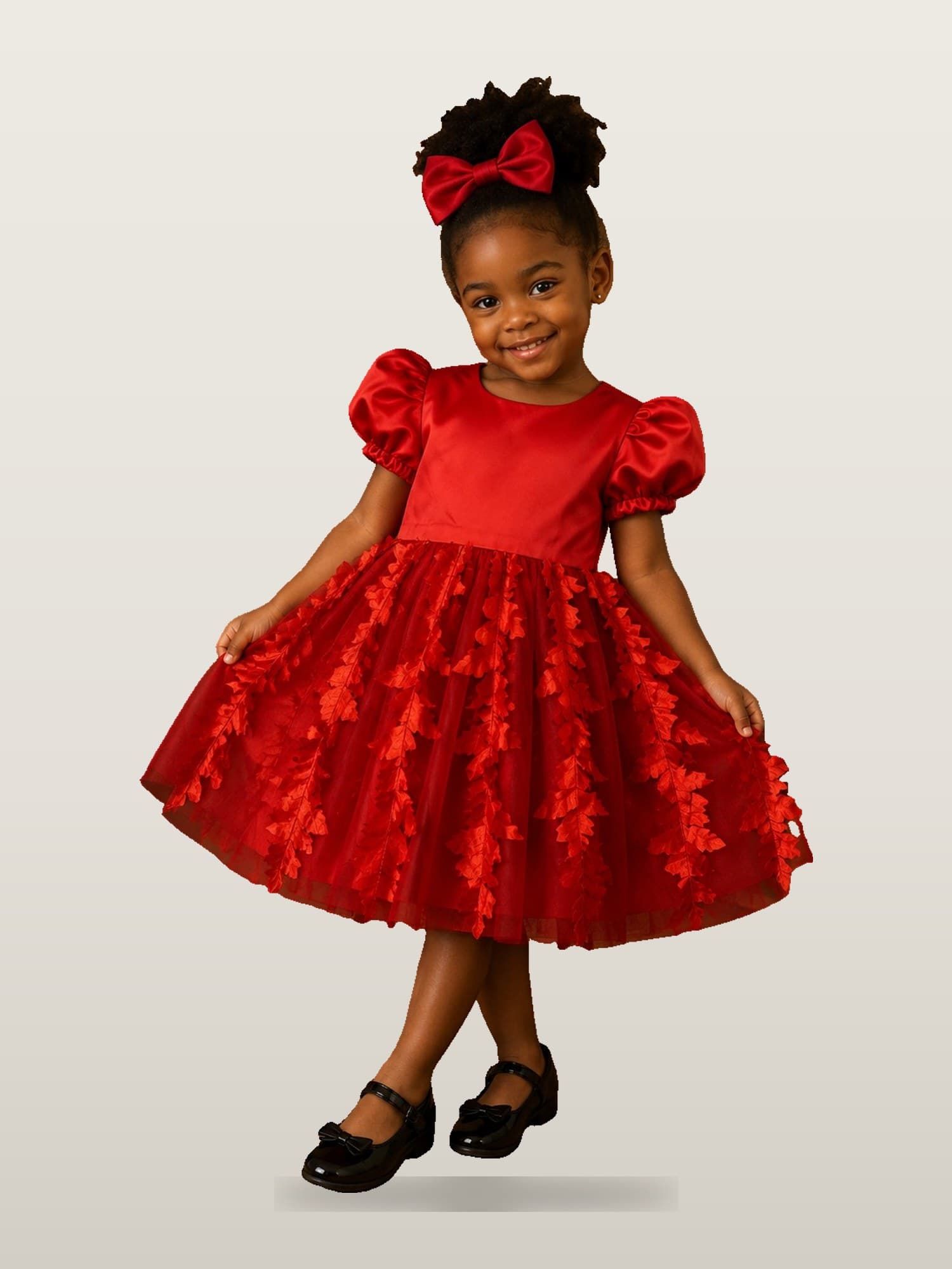 Girls’ Red Lace Puff-Sleeve Dress