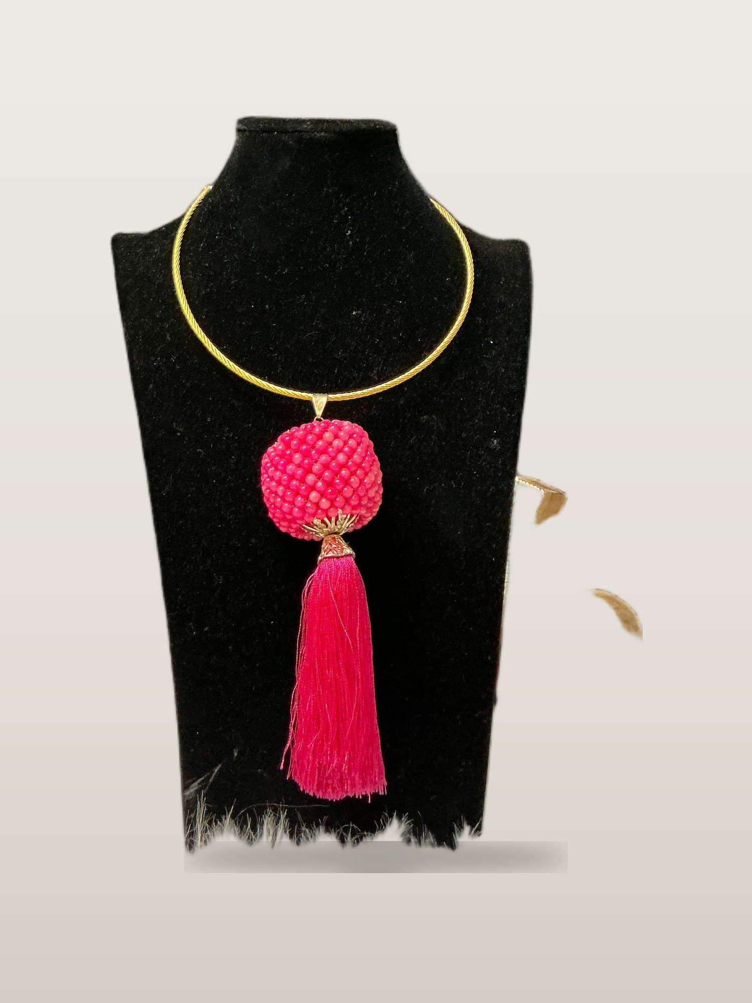 Handcrafted African Hot Pink Tassel Bead Pendant Necklace Set with necklace and bangles