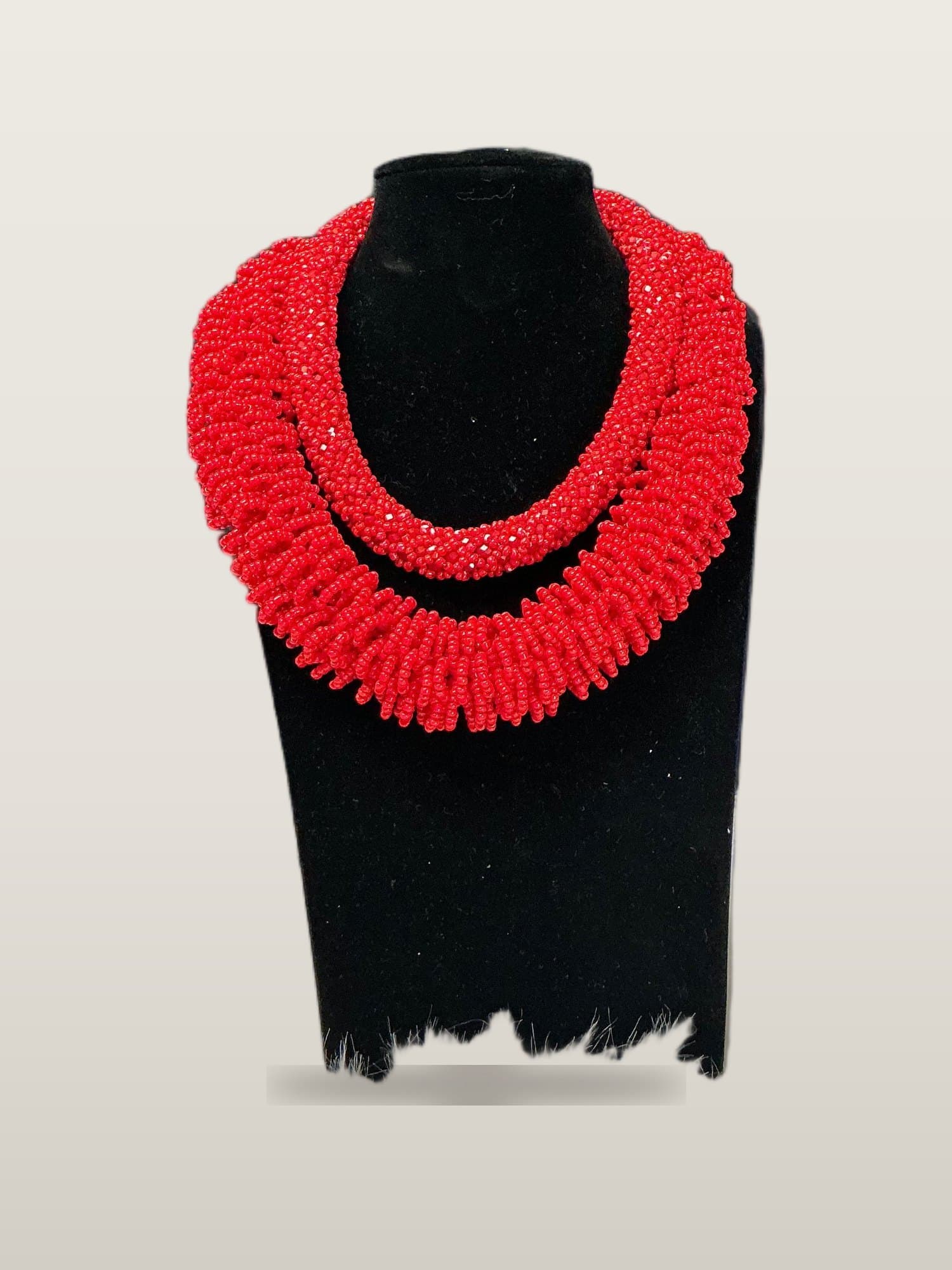 Handcrafted African Red Layered Coral-Style Bead Necklace Set with Necklace and Bangles