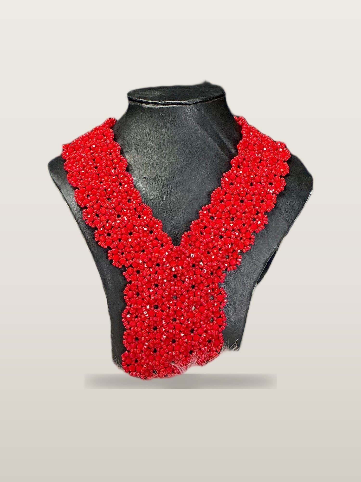 Handcrafted African Red V-Collar Bead Set with Necklace and Bangles