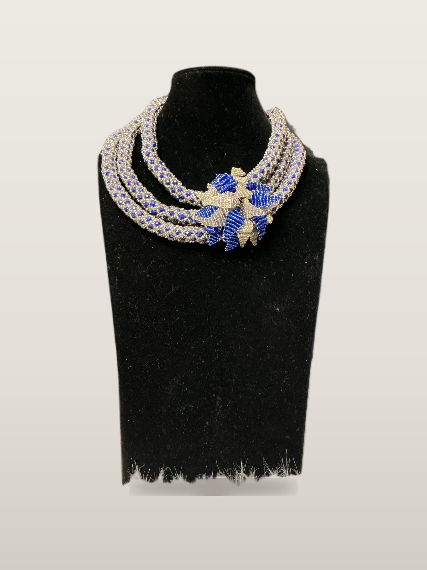 Handcrafted African Royal Blue Flower African Bead Necklace Set with necklace and bangles