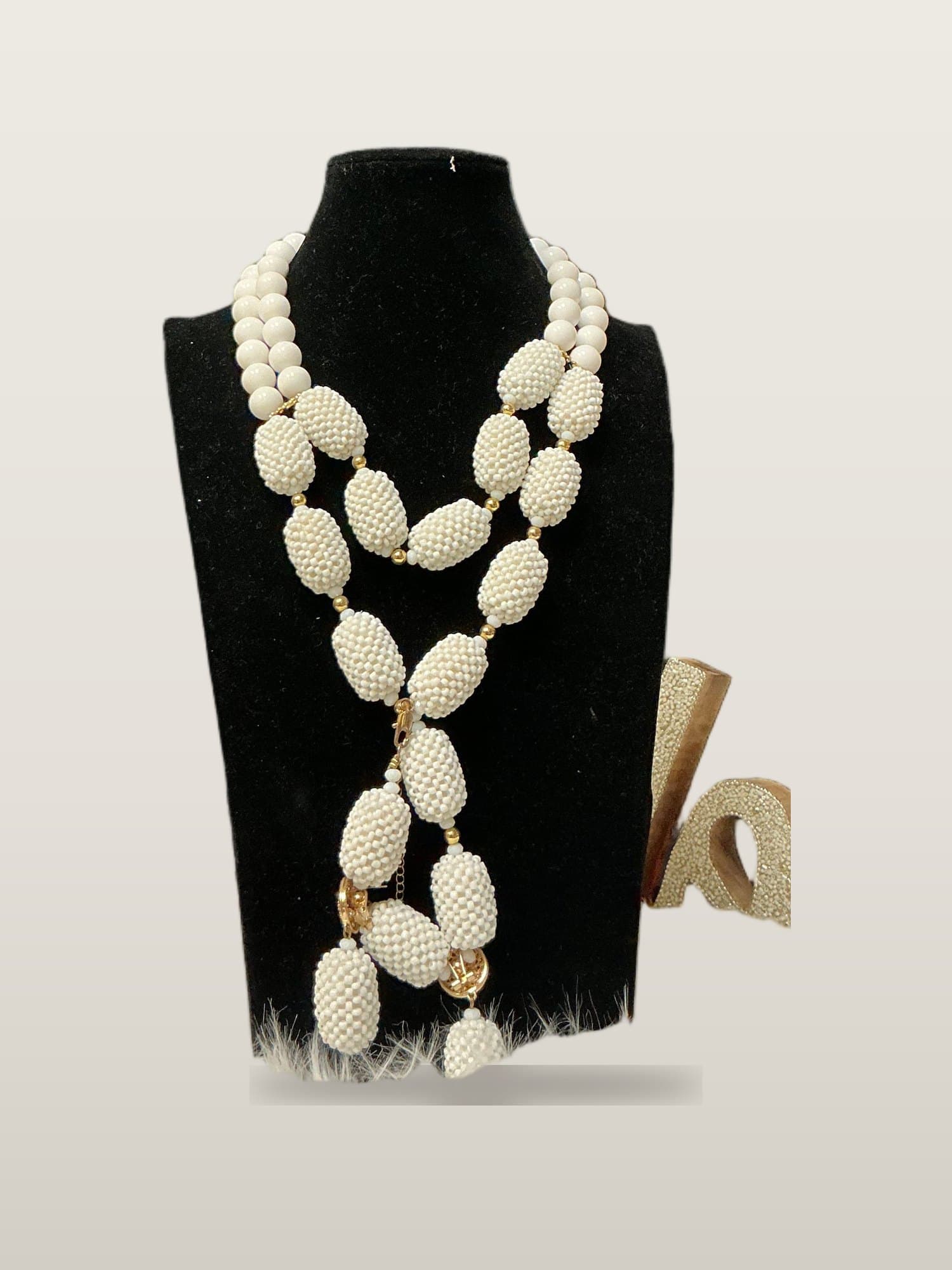 Handcrafted African Royal White Long Bead set with necklace and bangles
