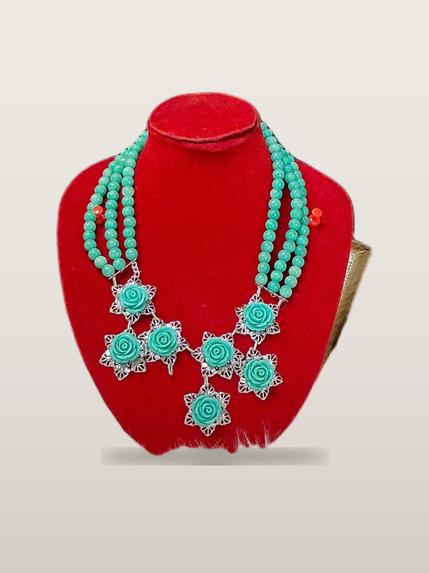 Handcrafted African Turquoise Rose Cluster Bead Set with Necklace and Bangles