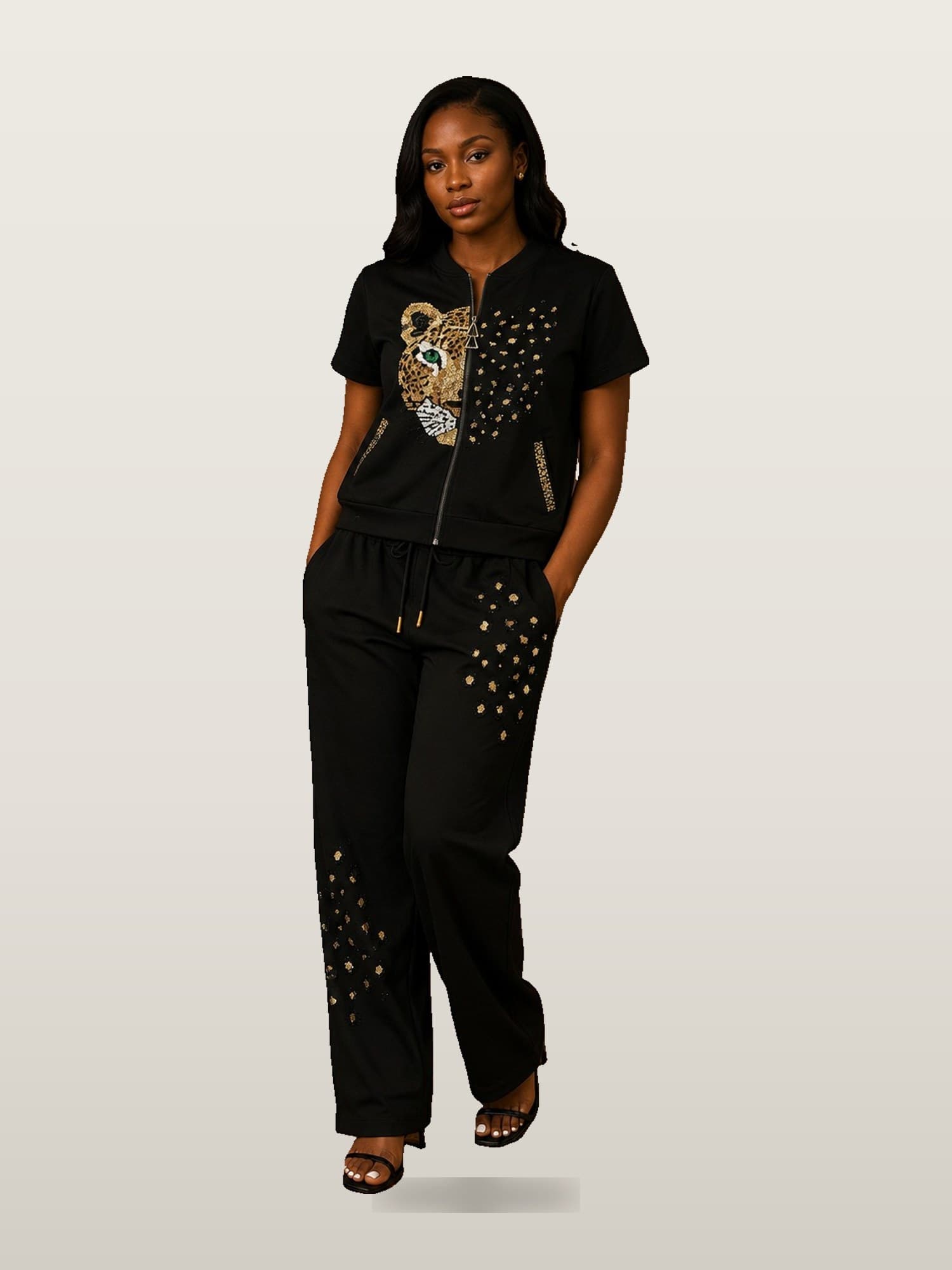 Women’s Black Studded Tee & Wide Pants