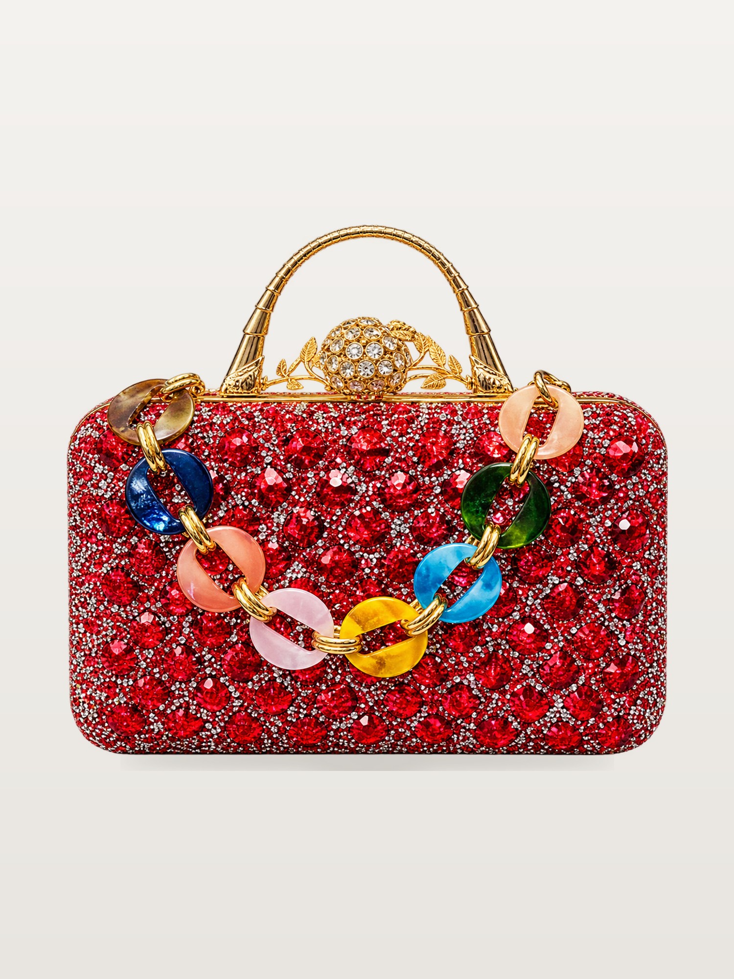 Red Beaded Frame Bag with Multicolour Chain