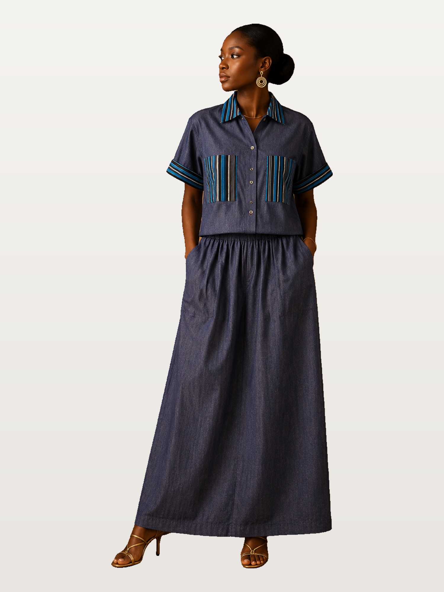 Denim Short-Sleeve Maxi Set