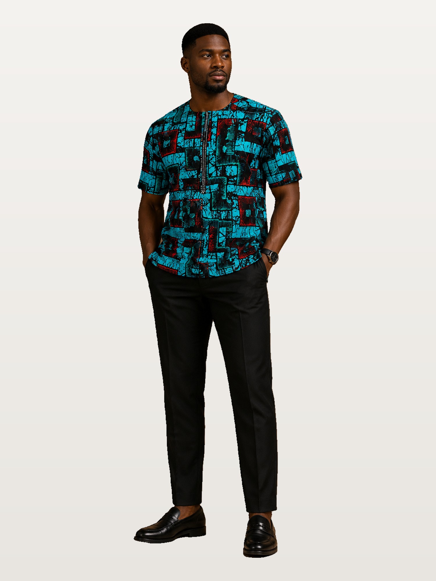 Teal & Black Ankara Camp Shirt
