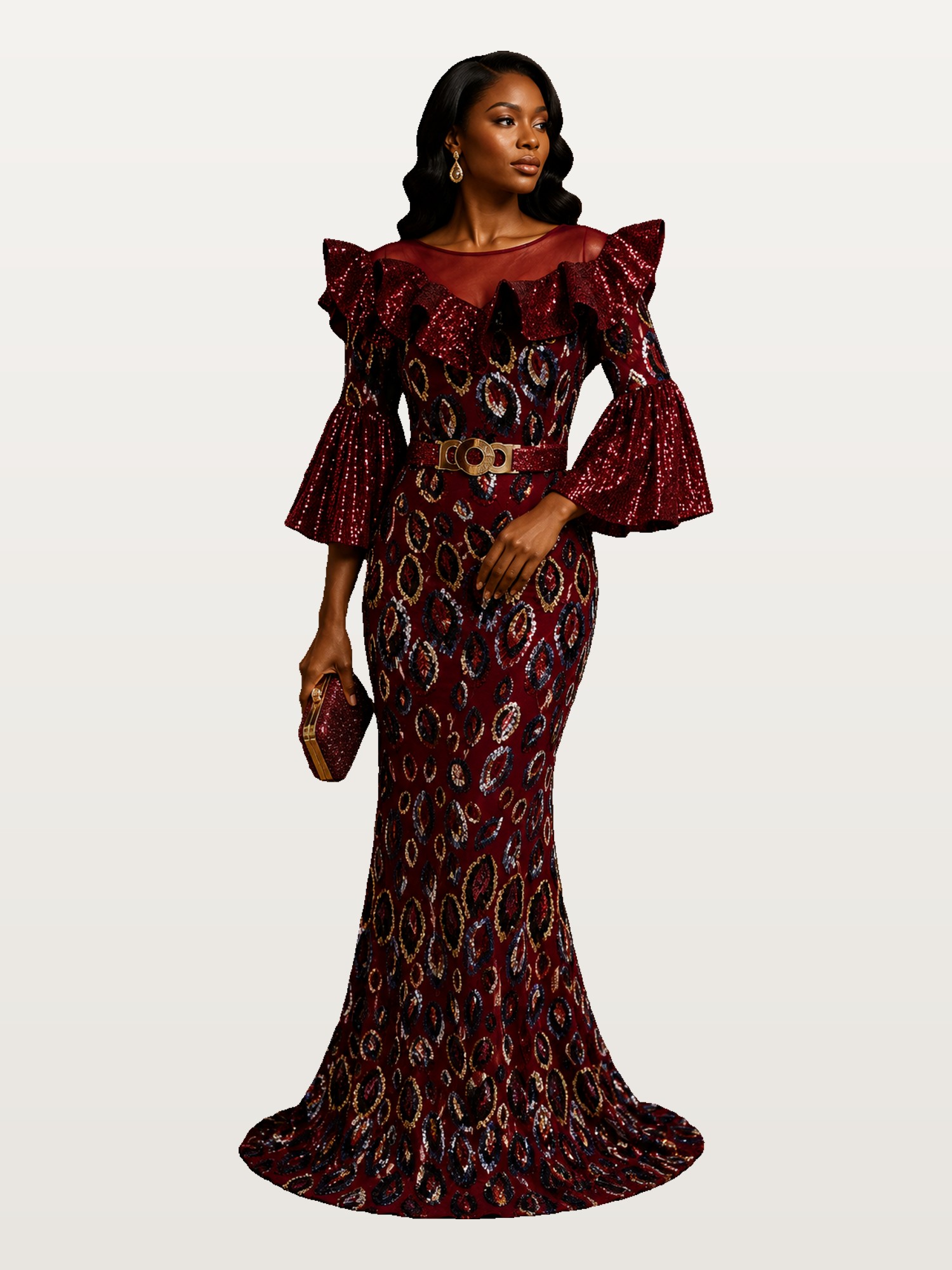 Wine Ruffle Mermaid Gown