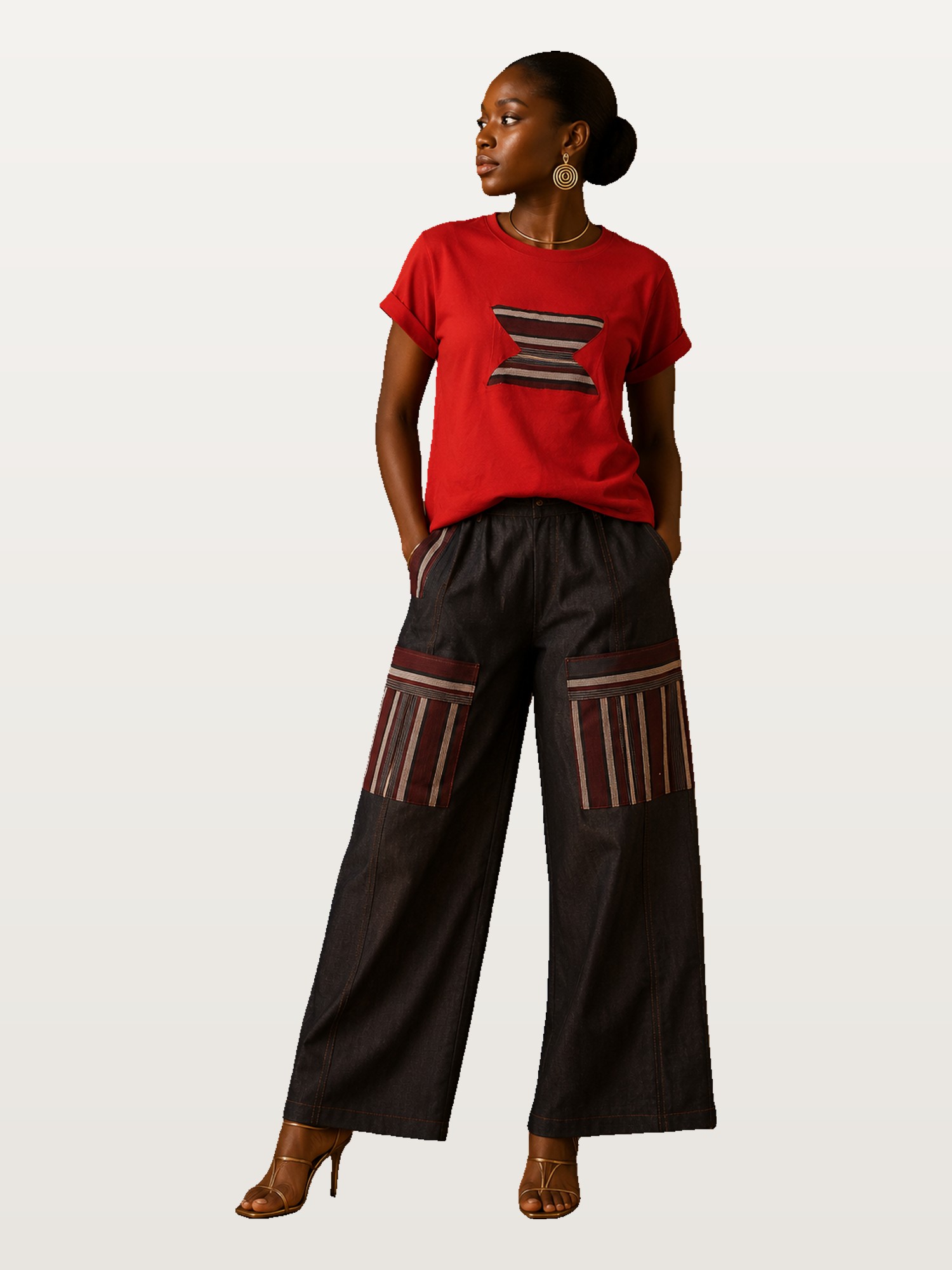 Red Tee & Patchwork Trousers