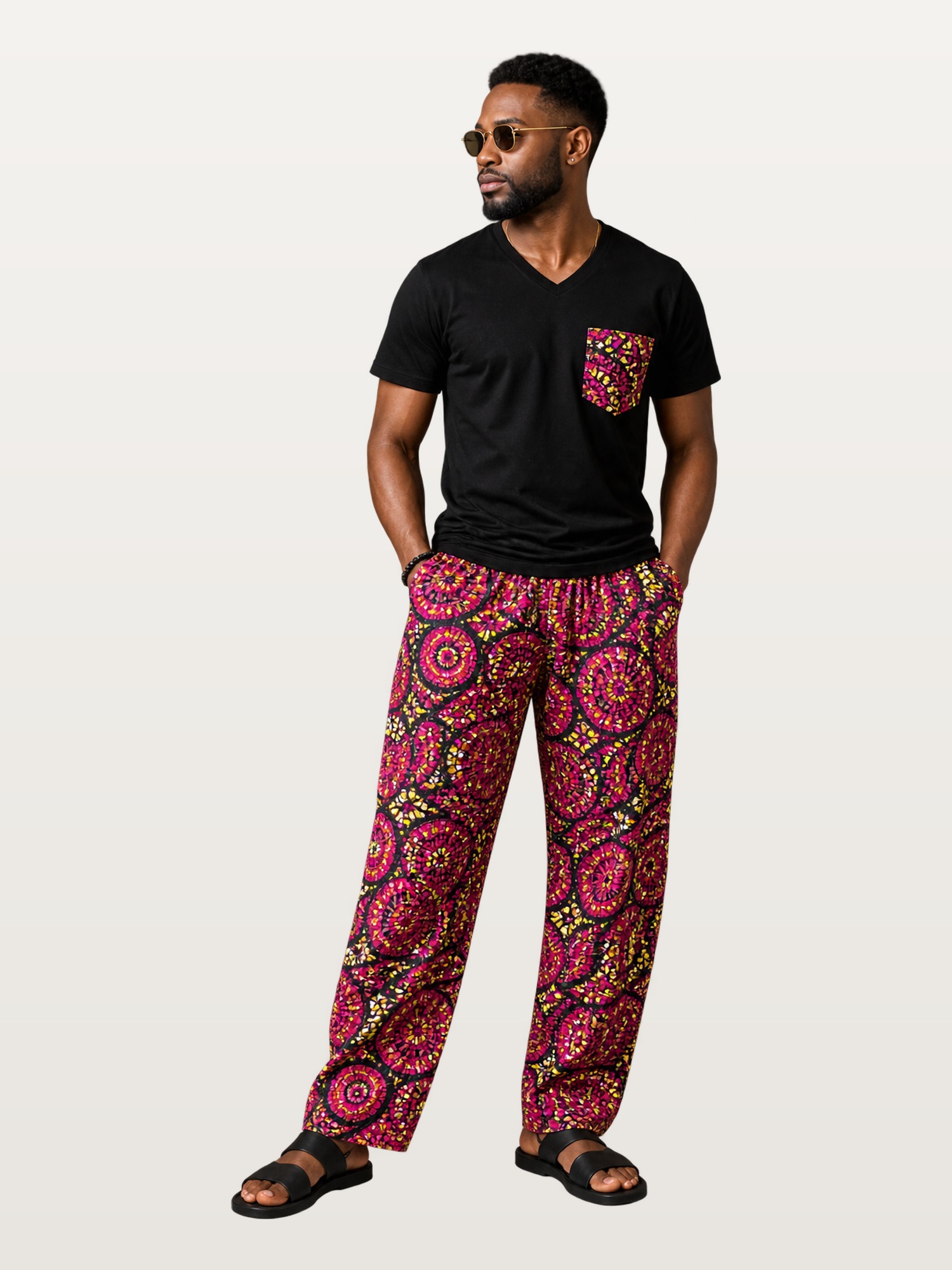 Black Tee & Magenta Print Trousers